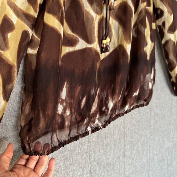 90s Vintage Karen Kane 100% Silk Brown Giraffe Print Ballon Sleeve Blouse Size M - Picture 7 of 12